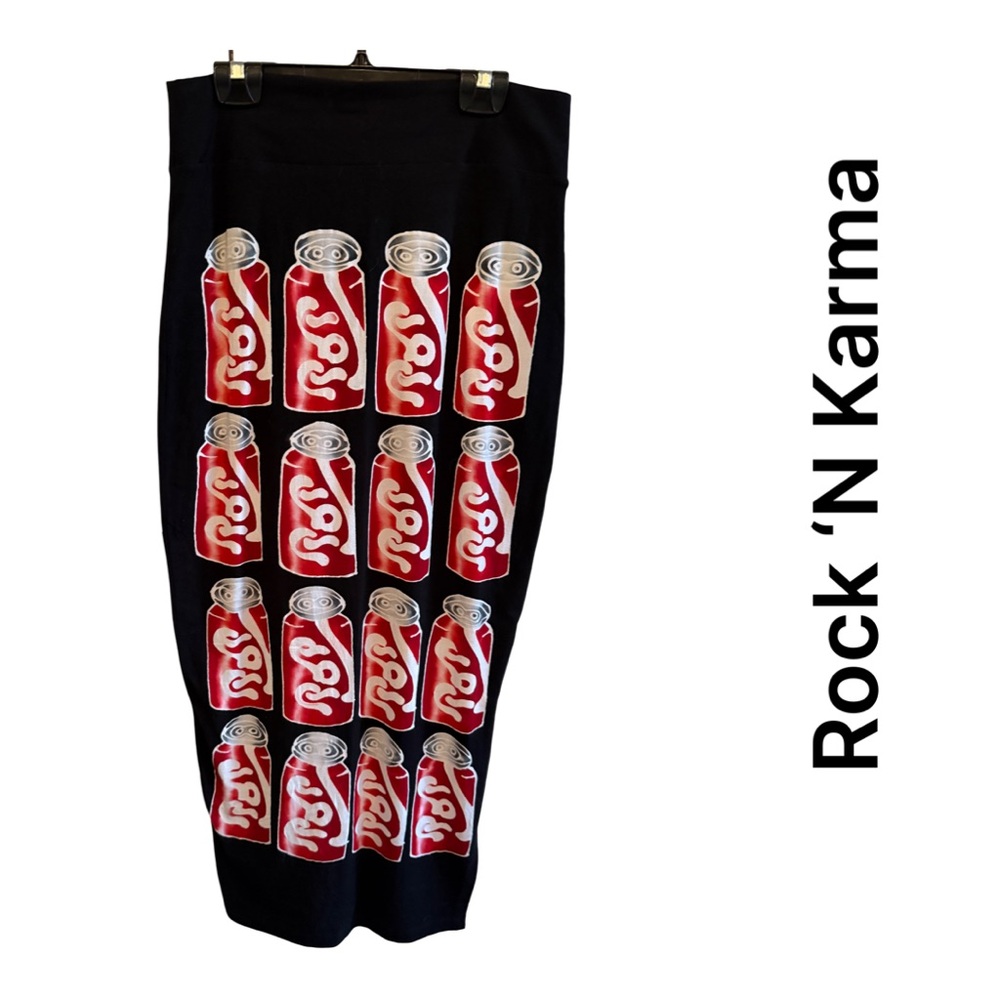 Rock ‘N Karma black hand painted NWOT skirt with pop can art and side slit
